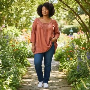 Contrast‎ Longs Sleeve lace coral rustic size extra-large tunic 100% Cotton